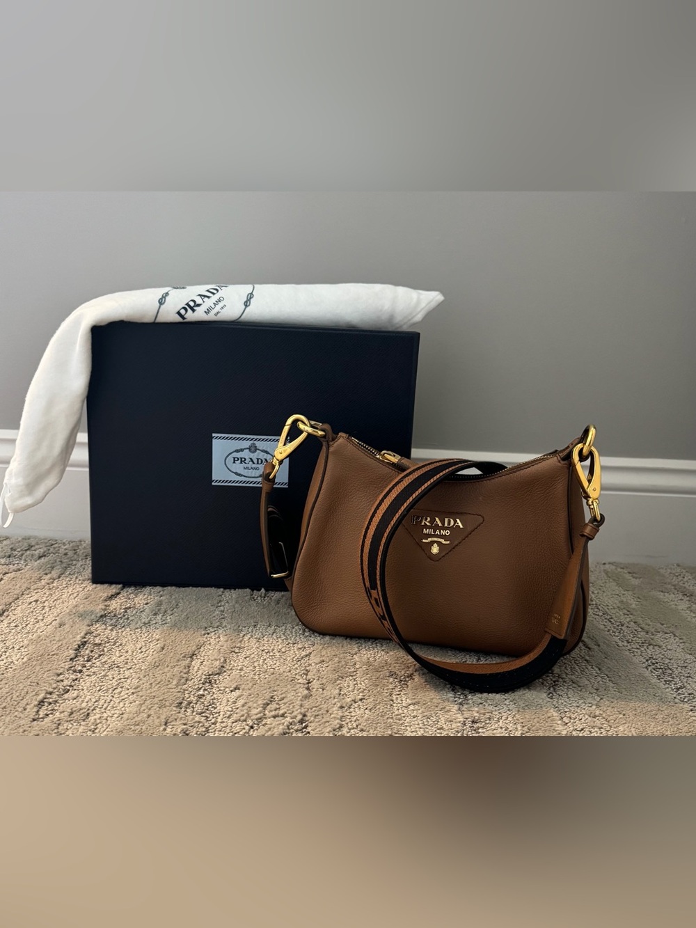 Prada Bandoliera Soft Calf leather crossbody bag in Soft Caramel